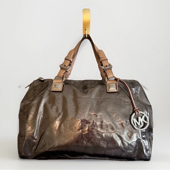 Michael Kors Vtg Metallic Mirror Signature Grayson Barrel Leather Satchel—Y2K‎ - Picture 1 of 10